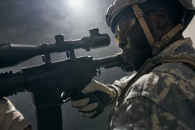 A man looks through the scope of a shotgun
