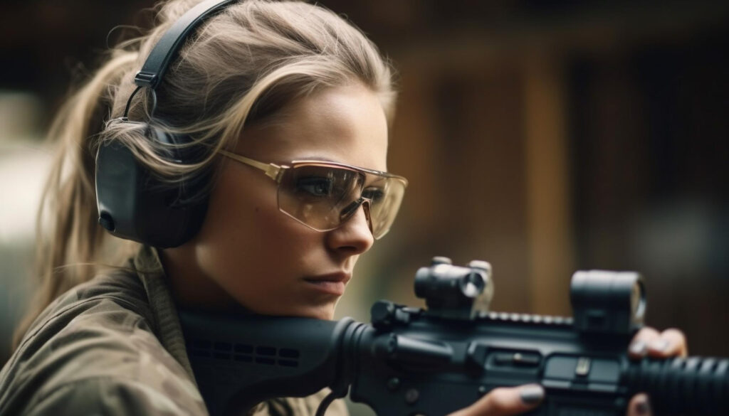 Woman taking aim with a weapon